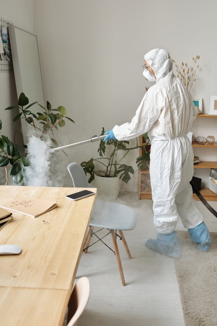 Person in protective suit disinfecting office for virus control.